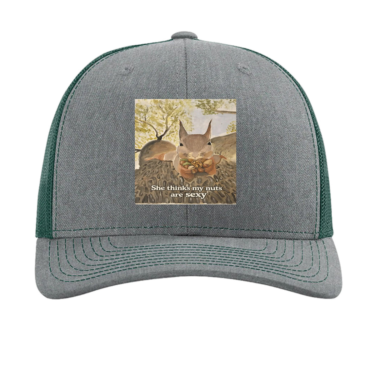 Rocky's Nuts funny trucker hat heather grey dark green - An Old Man's Art
